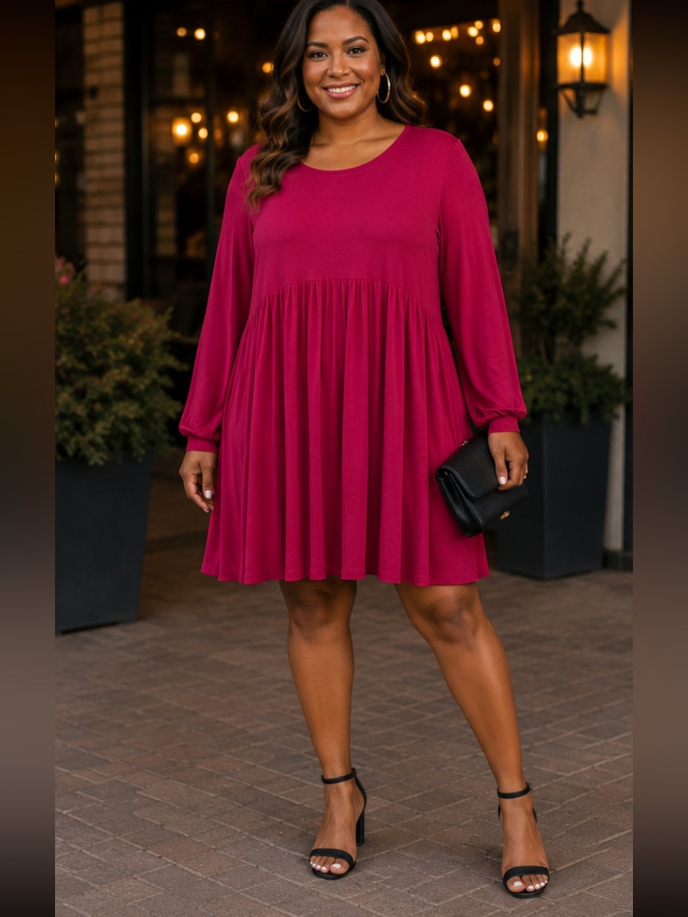 Women's Long Sleeve Babydoll Dress in Berry